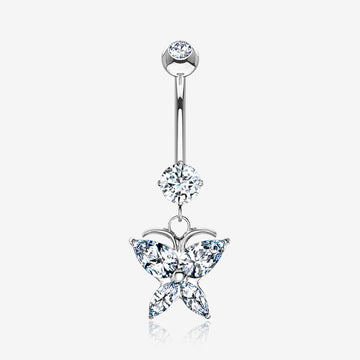 14 Karat White Gold Grand Butterfly Marquise Sparkle Dangle Belly Button Ring-Clear Gem